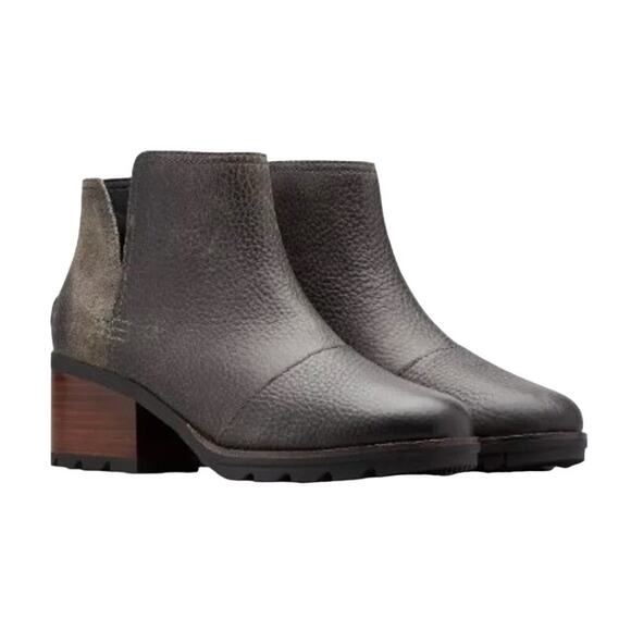 Sorel Cate Boots Leather Suede Cut Out Waterproof Heel Bootie Black Gray 10 - Picture 1 of 7